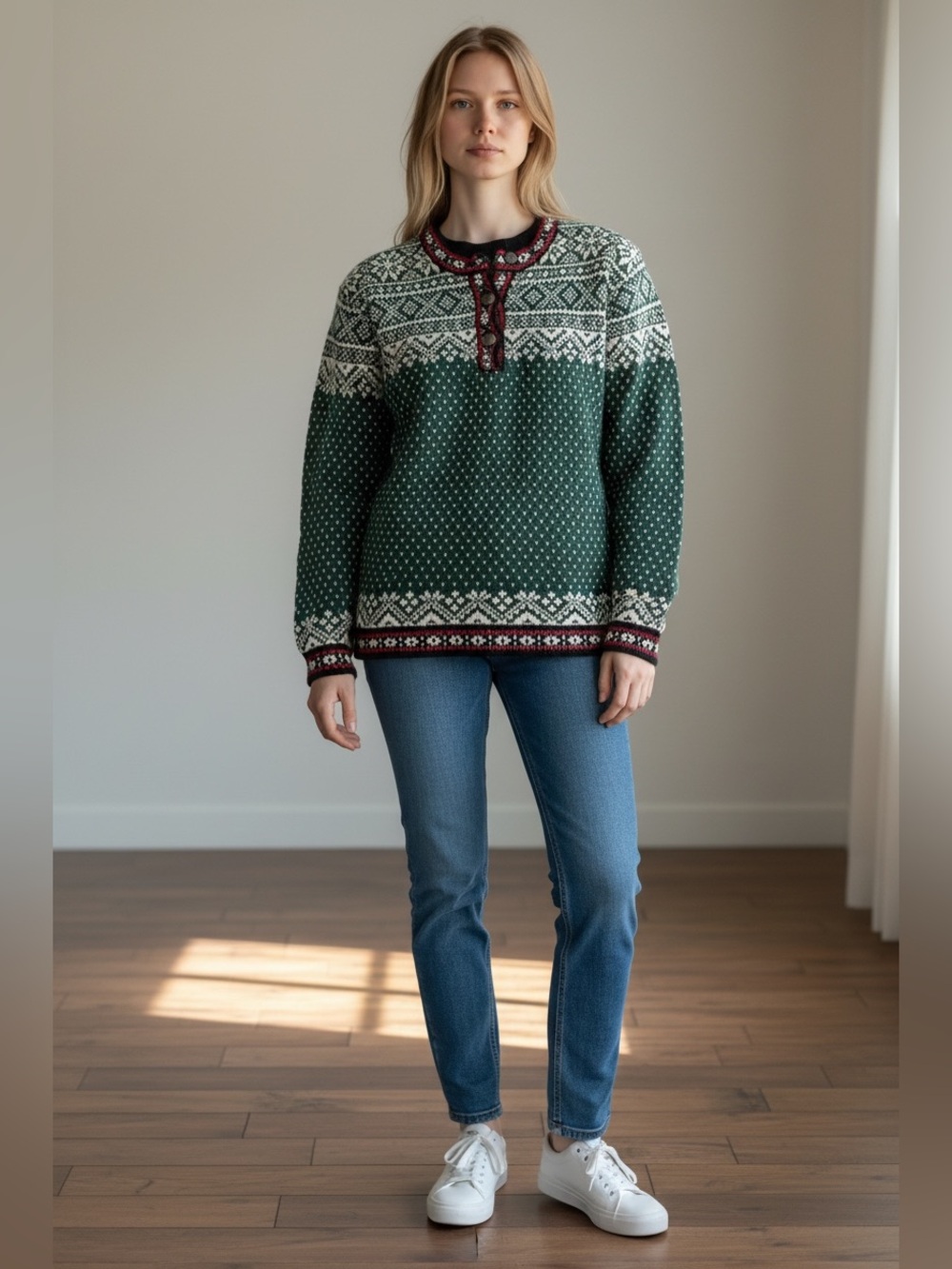 LL Bean Fair Isle Nordic Sweater Green Henley Heavy Cotton Metal Buttons